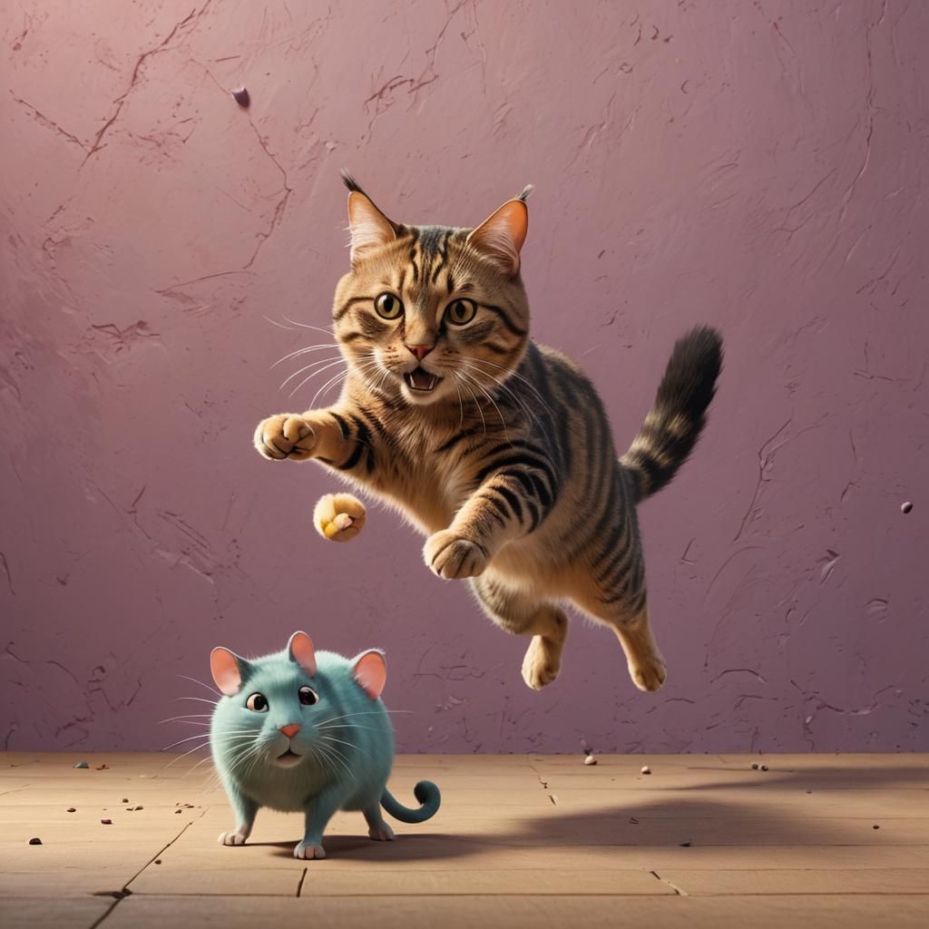 Colorful Cat and Mouse Chase: 3D Digital Art
