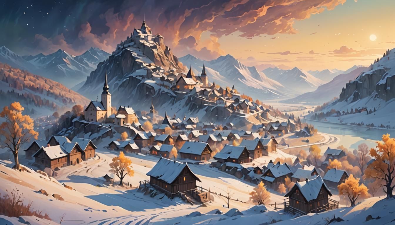 Slavic Folklore Landscape with Aurora Borealis