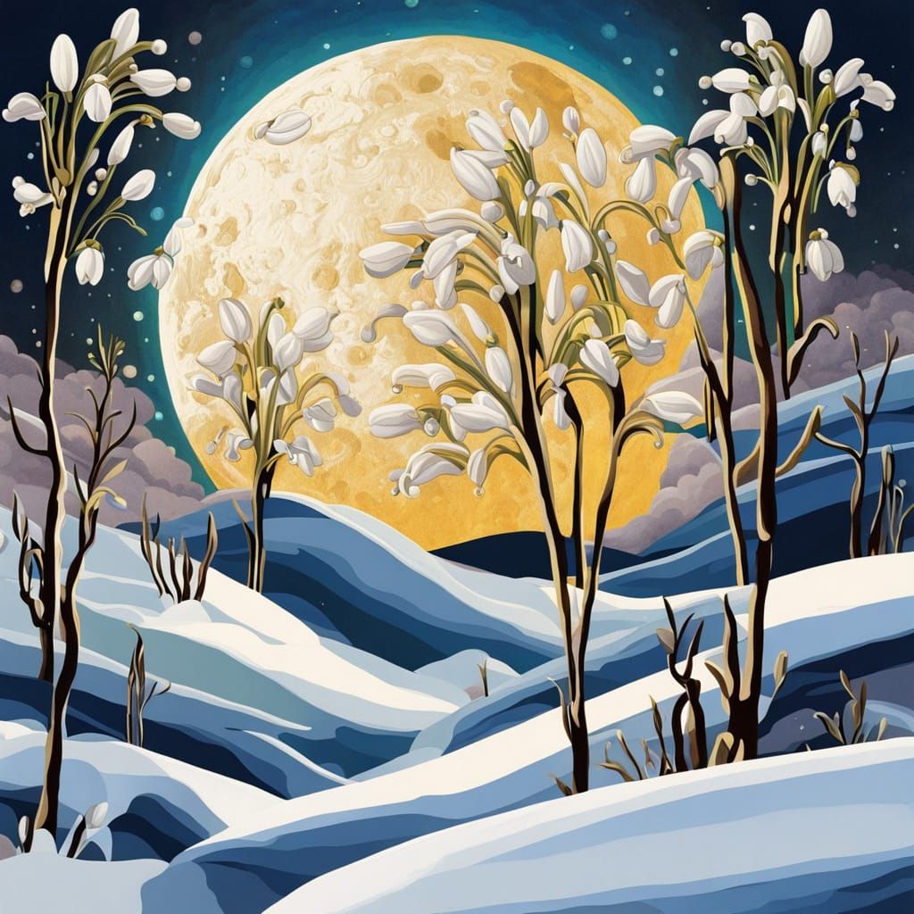 Snowdrop in Moonlight: Art Deco Detailed Painting