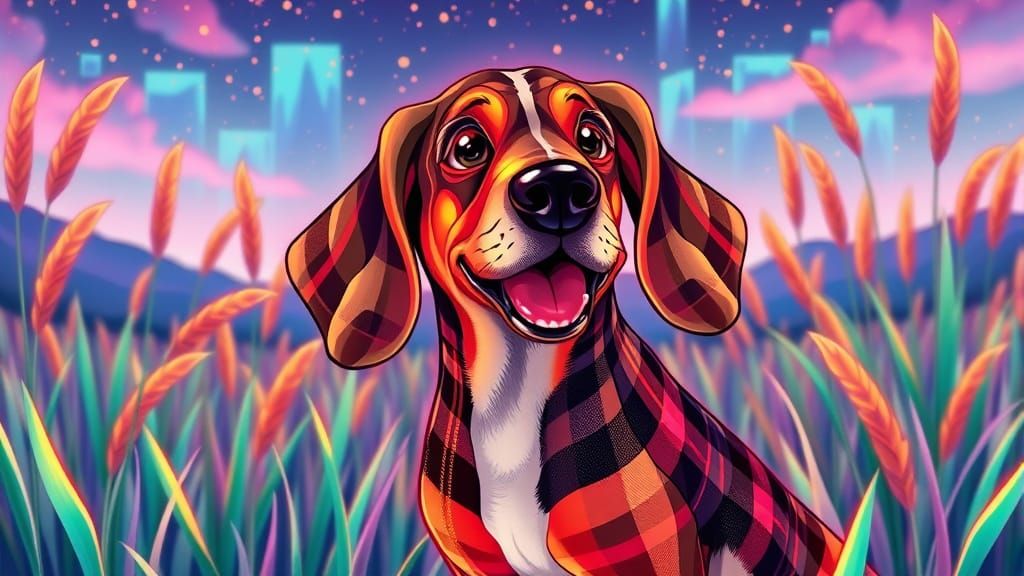 Bioluminescent Basset Hound in Plaid Landscape