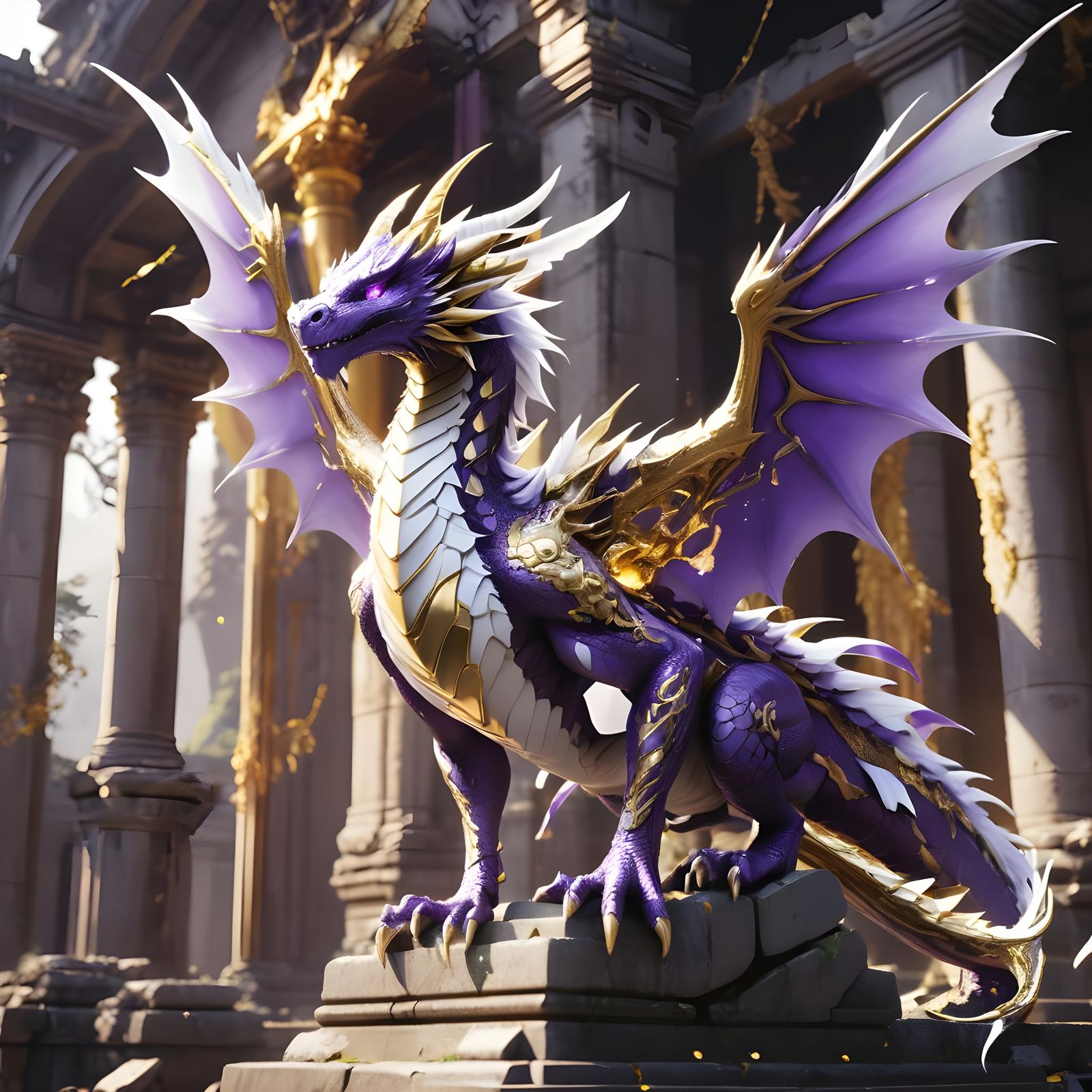 Purple and White Dragon Guarding Ruined Temple in 3D Anime A...