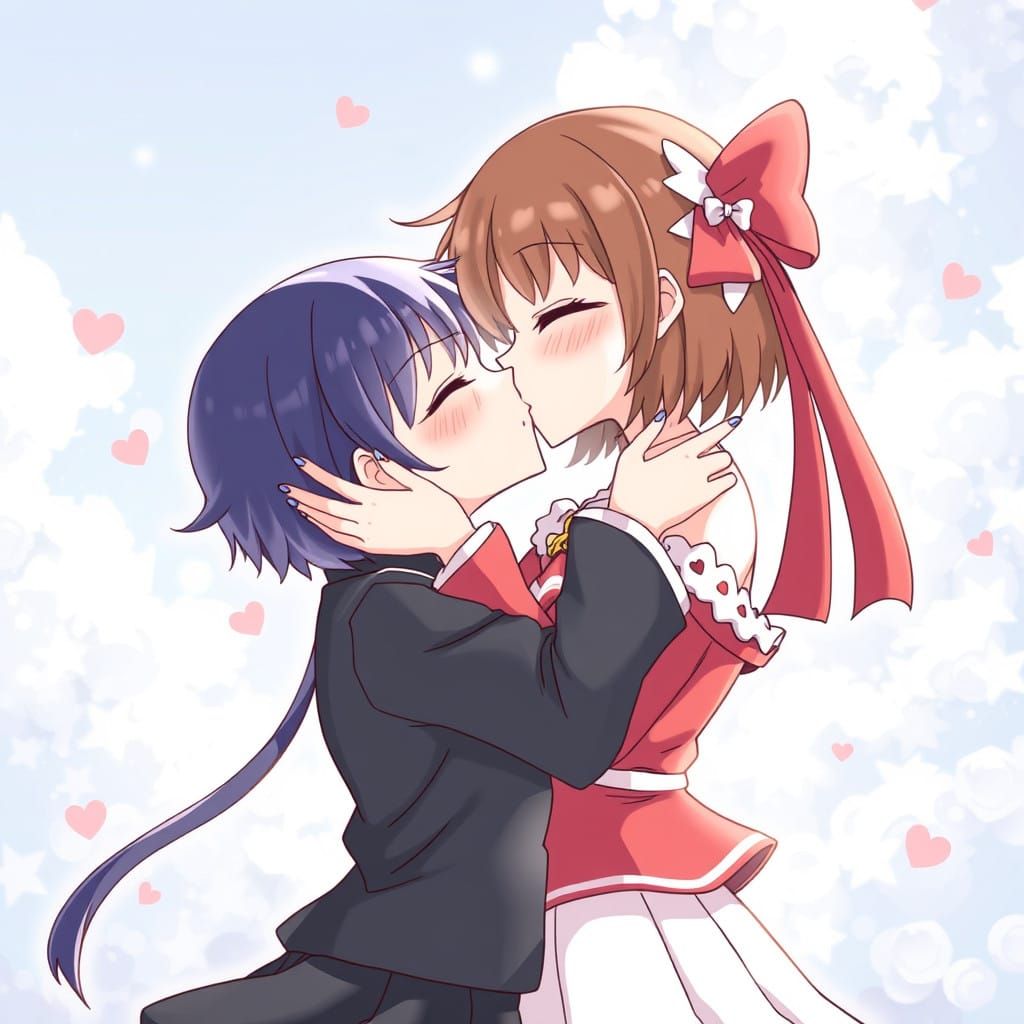 Anime Couple Share a Tender Kiss in a Vibrant Japanese Lands...