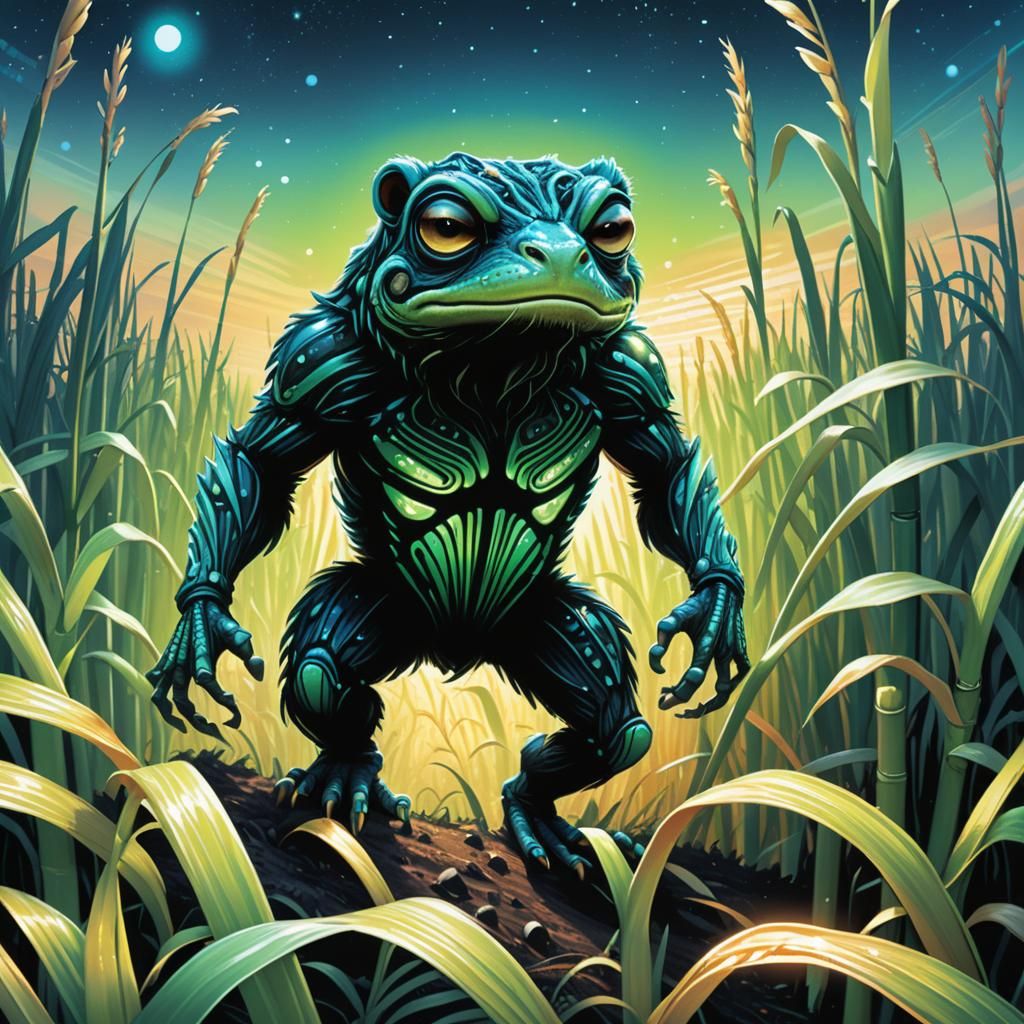 Exoplanet: Frog-Bear Alien in Iridescent Sugarcane Field