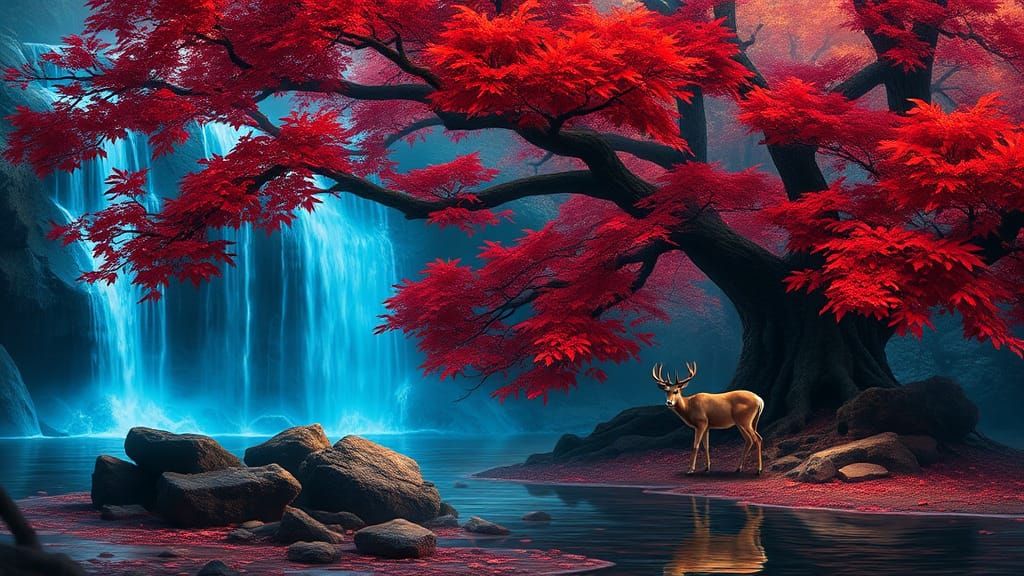 Fantasy Painting of Ancient Tree and Neon Waterfall