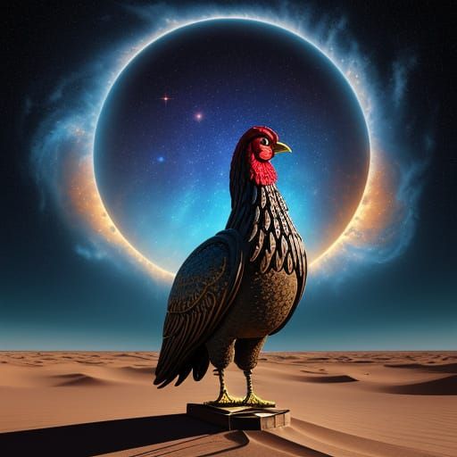 Giant Wooden Chicken in Surreal Desert Nebula