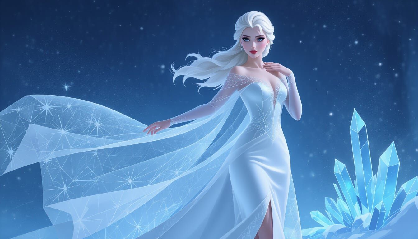Elsa in Frost-White Gown with Crystal Accents