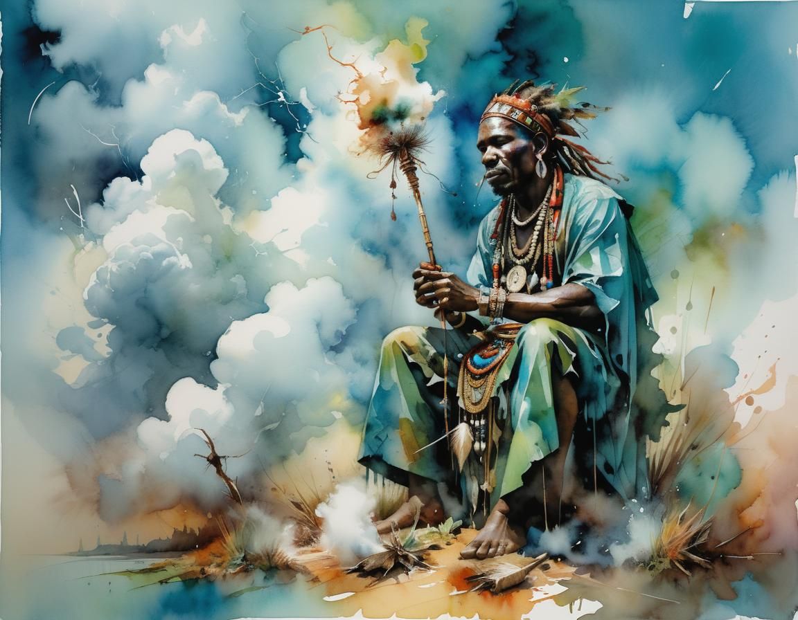 Witch Doctor's Cloudscape: Watercolor Art