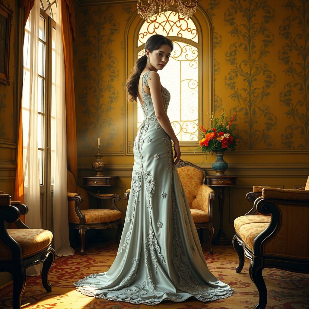 Regal Woman in Art Nouveau Yellow and Silver