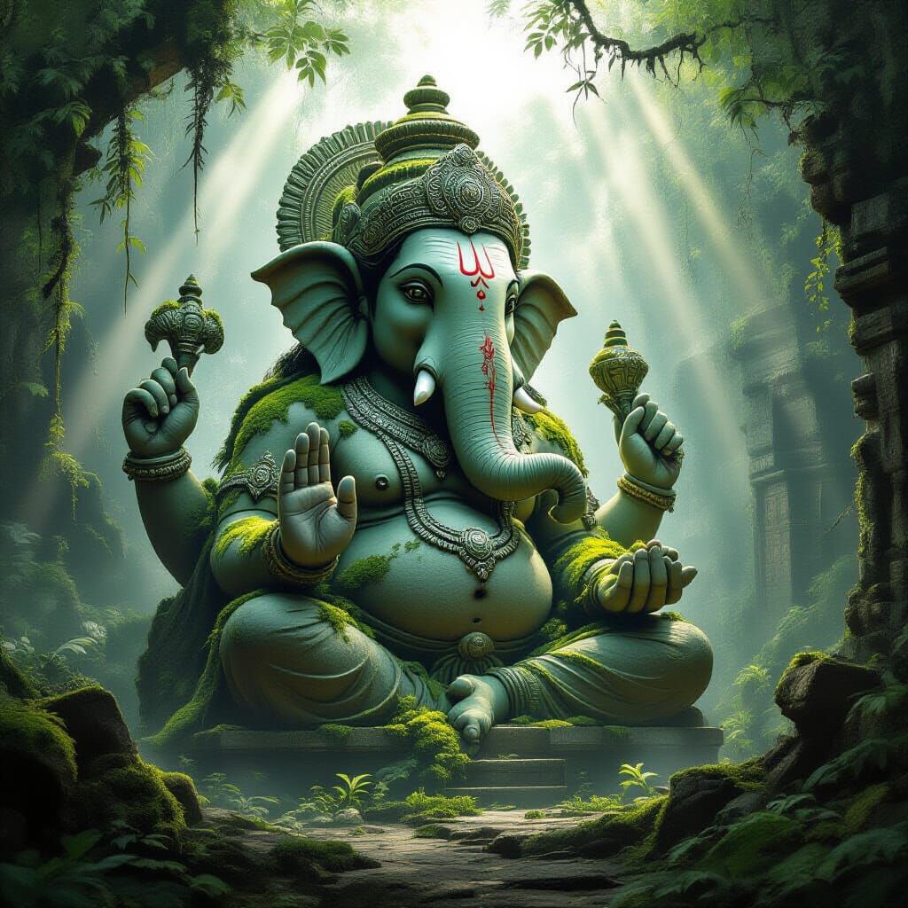 Ancient Stone Ganesh Guards Overgrown Jungle Temple