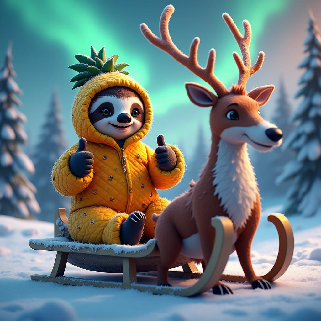 Sloth and Rudolph Sleigh Ride in Snowy Wilderness