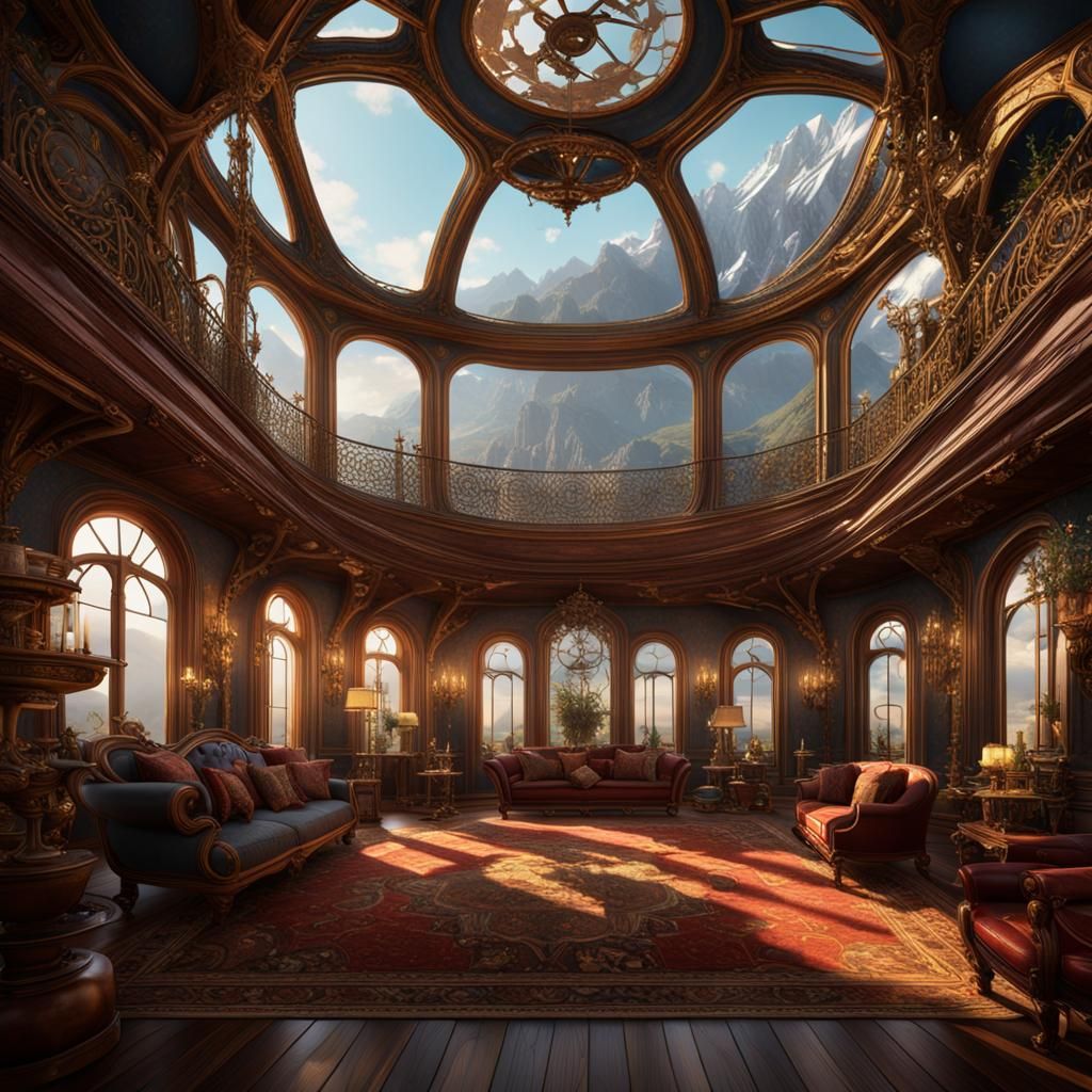 Opulent Steampunk Mansion Drawing Room Interior