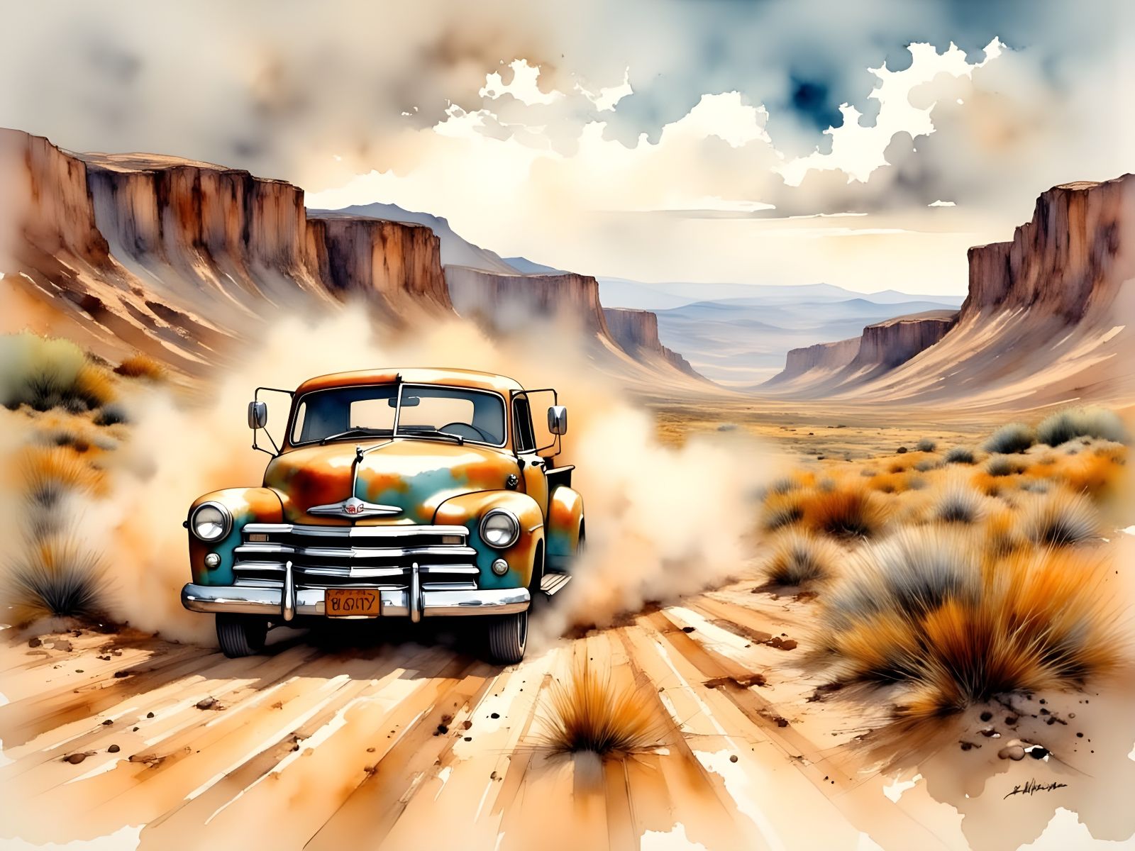 Vintage Pickup Truck on Desert Road, Watercolour Impasto Sty...