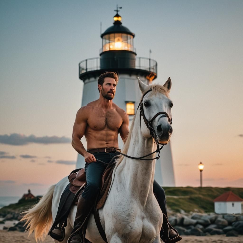Shirtless Man on Horseback at Sunset: Photography