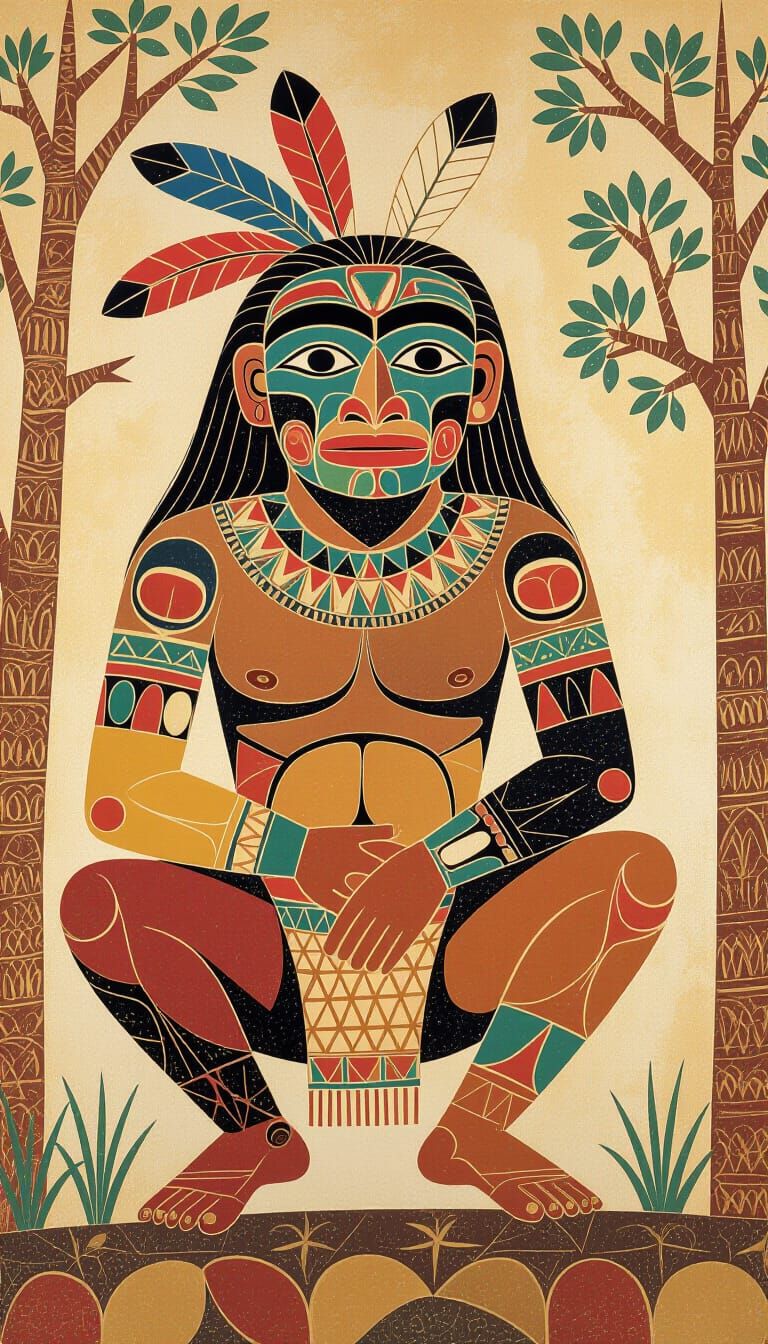 Indigenous Spirit Figure in Ancient Cave Painting Style