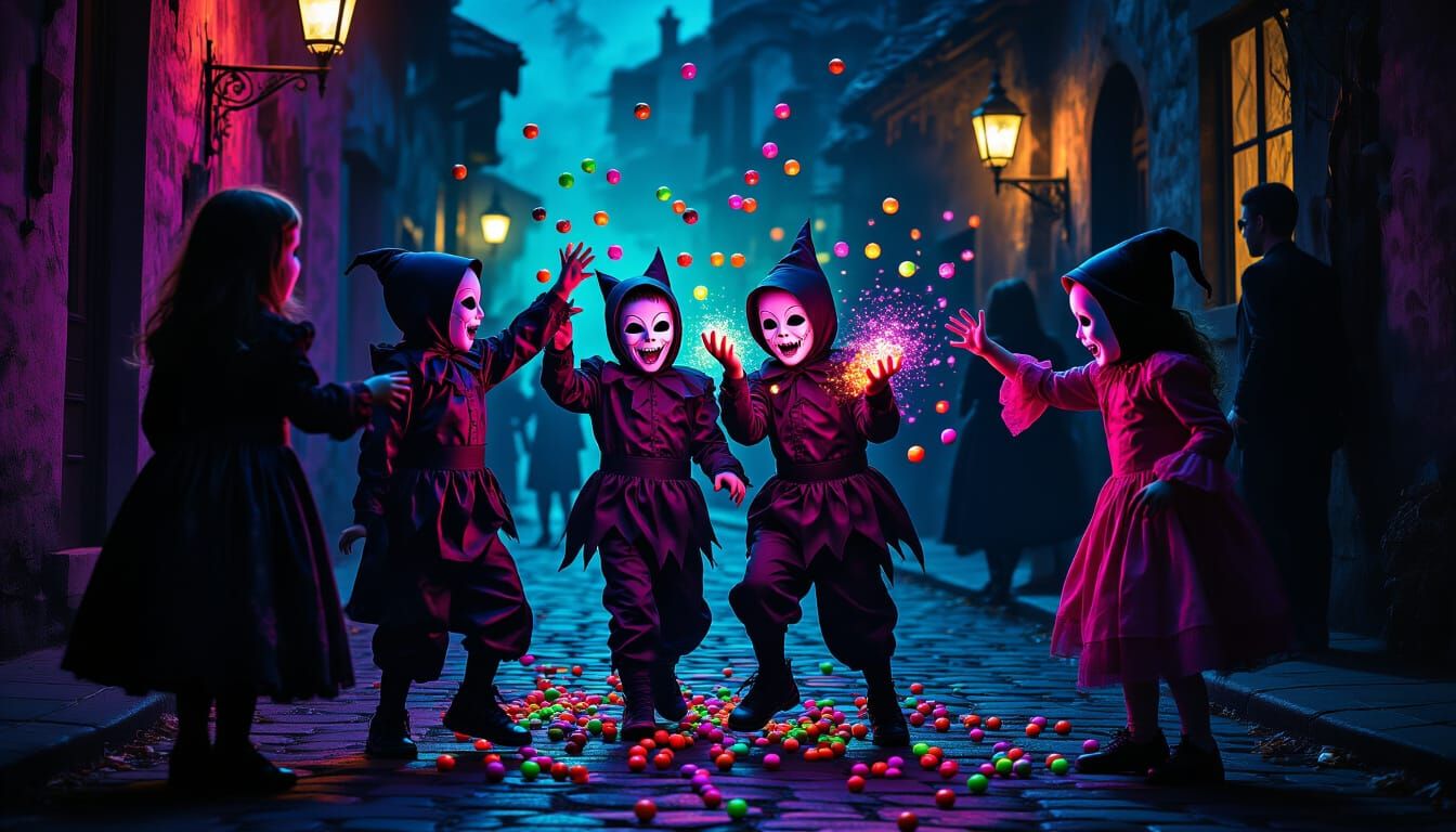 Children in Halloween Costumes Throwing Candy