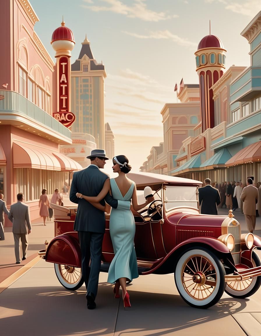 Elegant Couple Strolling Hand-in-Hand Along Atlantic City Bo...