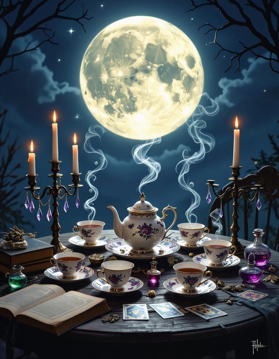 Ethereal Witch's Midnight Tea Table Under Full Moon