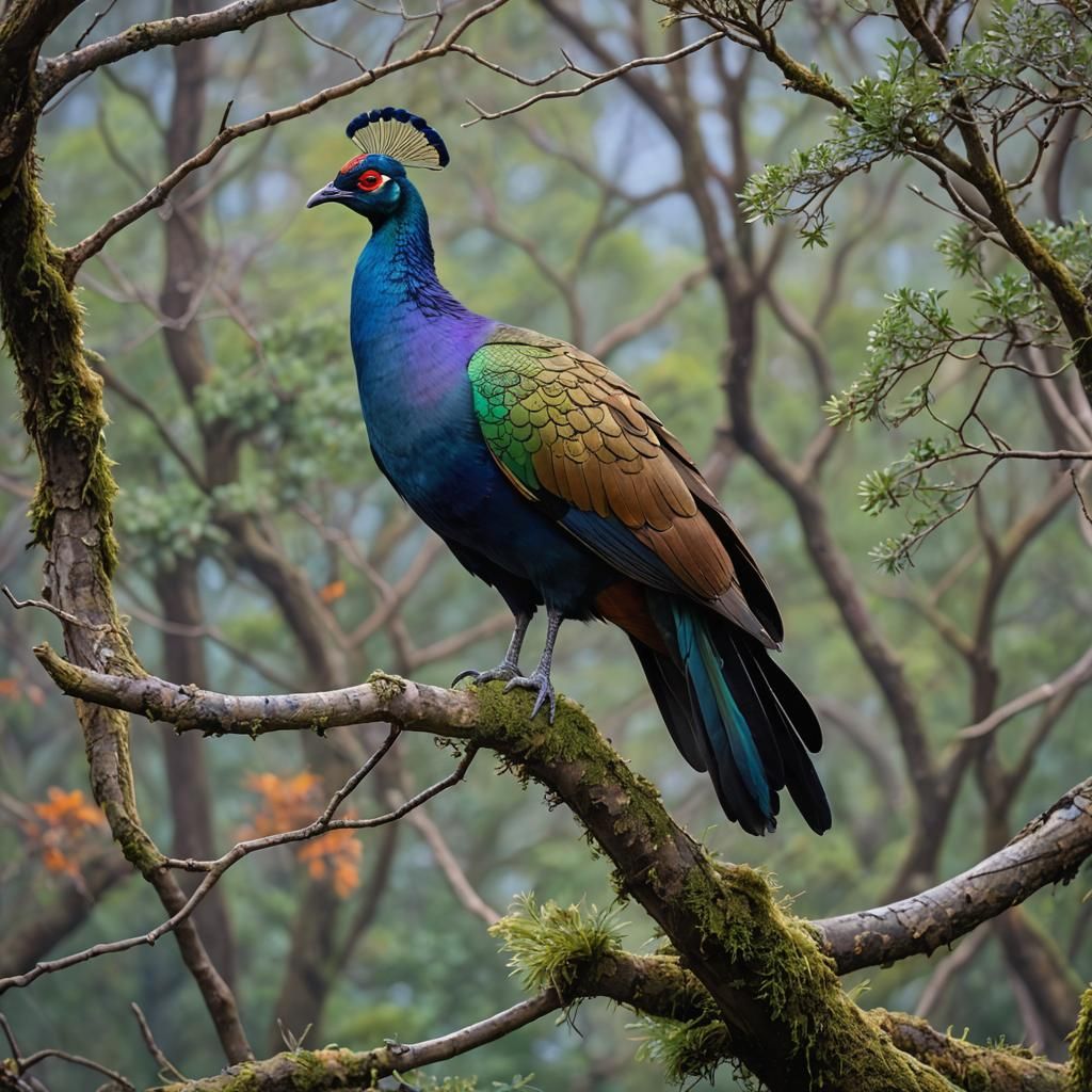 A vibrant Himalayan Monal, the national bird of Nepal, perched gracefully on a moss-covered tree branch. Its iridescent ...