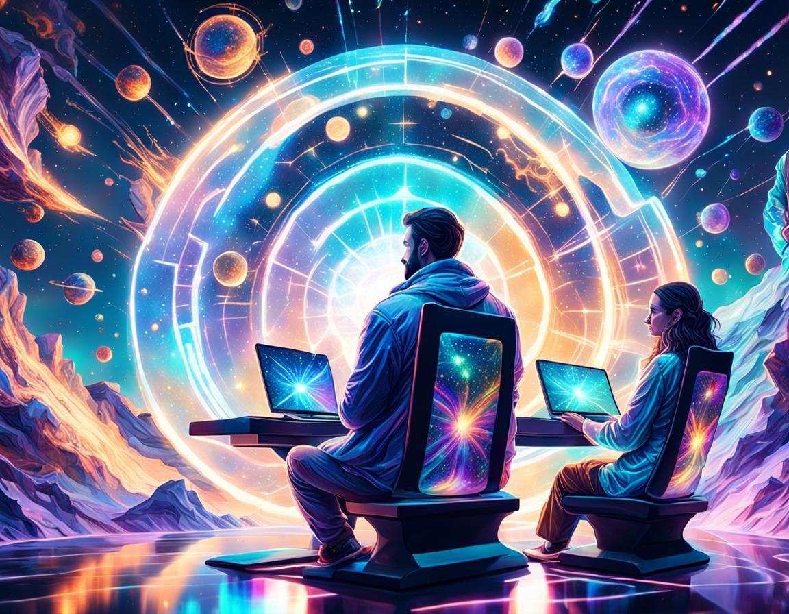 Couple Staring at Glowing Computer in Astral Style