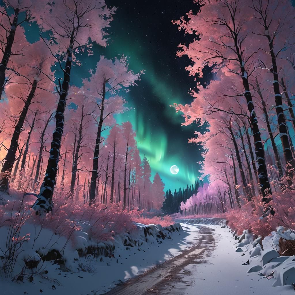 Winter Forest Path with Aurora in Fantasy Art Style