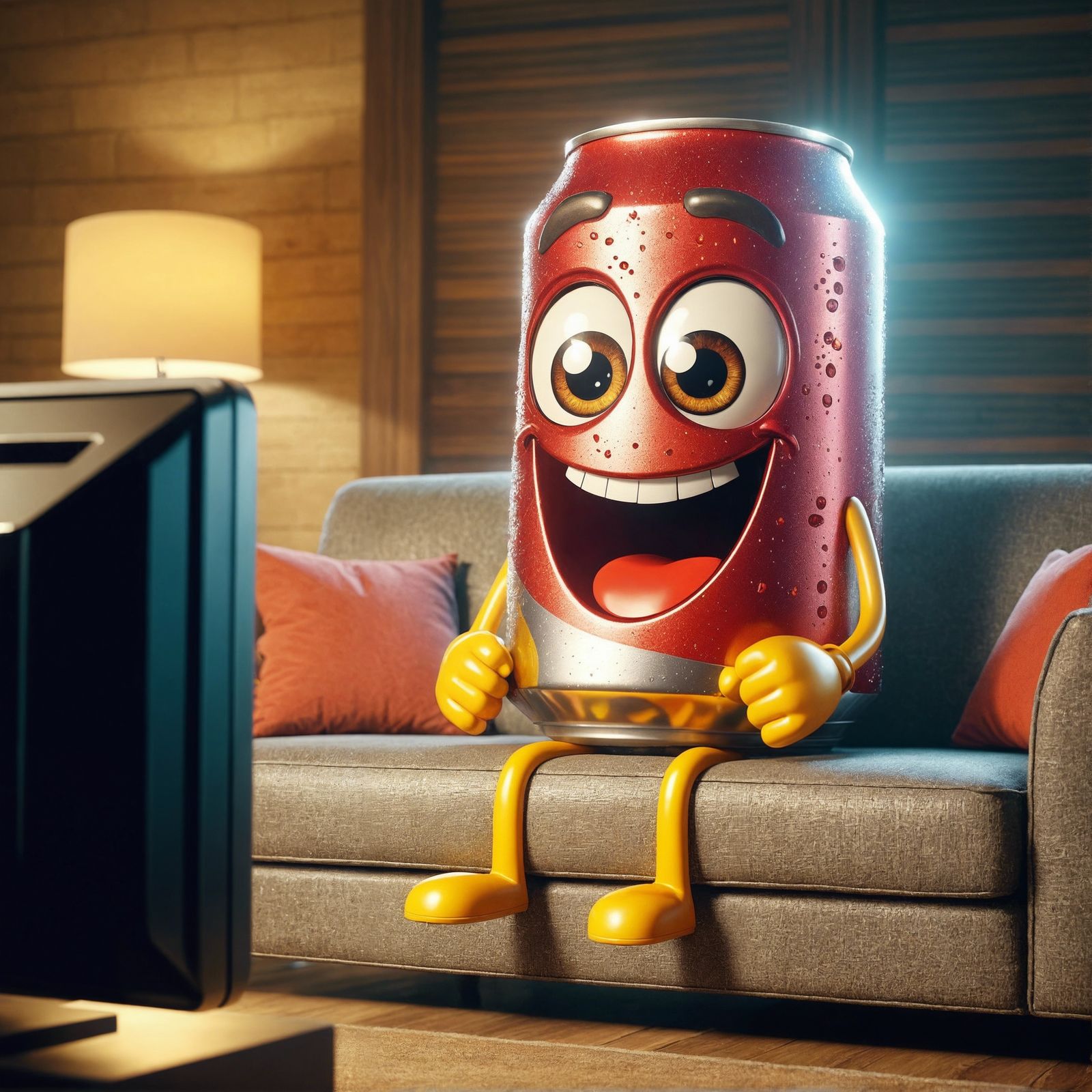Animated Soda Can Enjoys Television Show