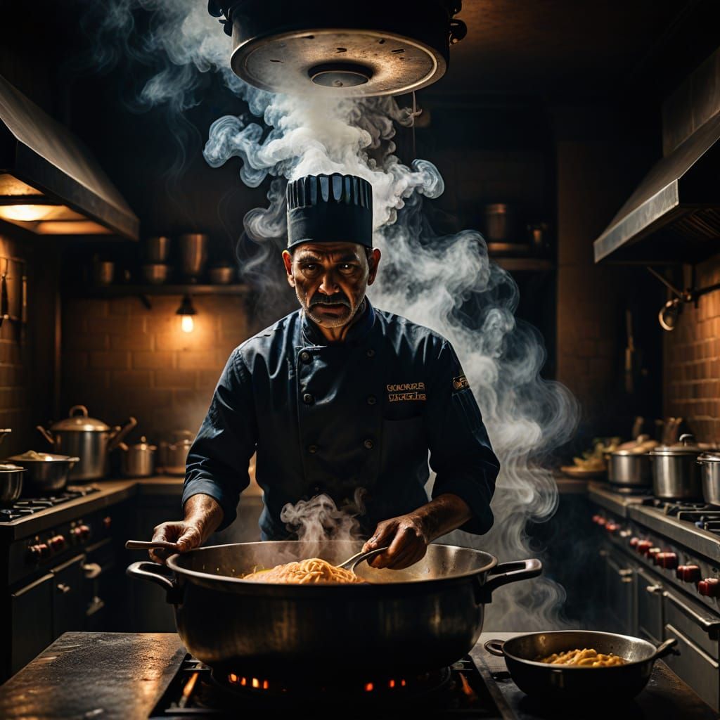 Mysterious Chef Silhouette in Steamy Kitchen