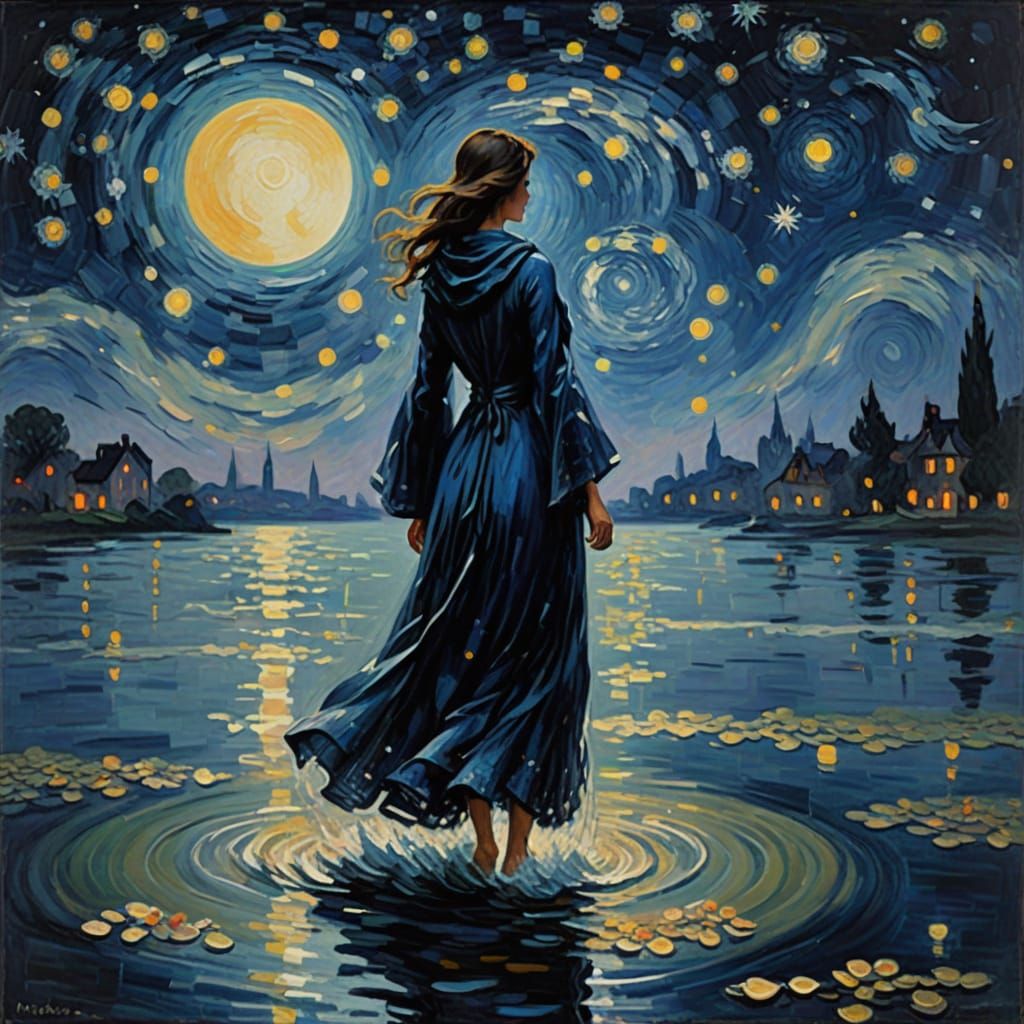 Water woman rising from rippling waves. Dressed in dark blue flowing clothing with shear translusent blue cape. Backgrou...
