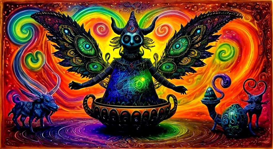 Surreal Witch Portrait with String Art and Ghosts