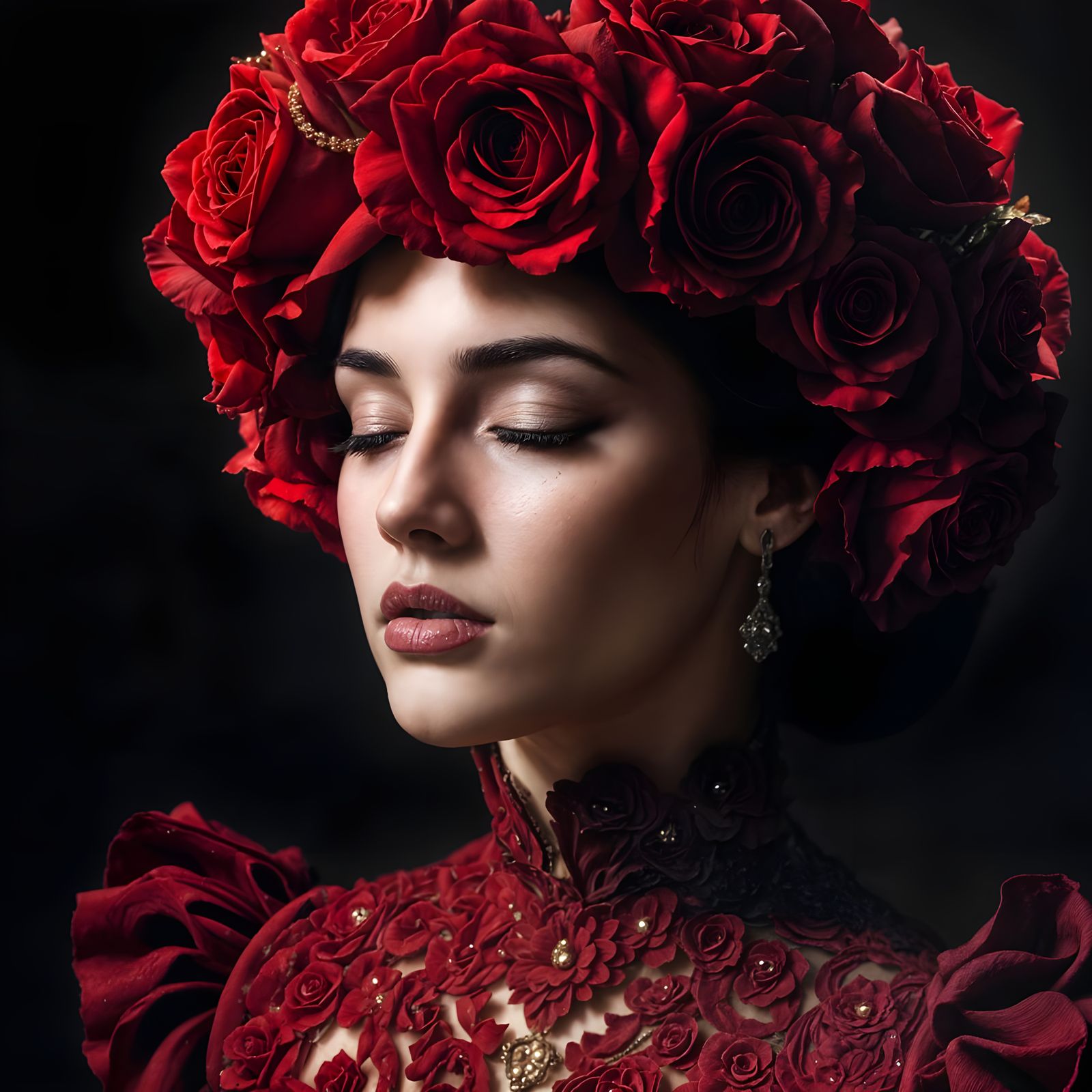 Ethereal Woman in Red Rose Headpiece, Gothic Style