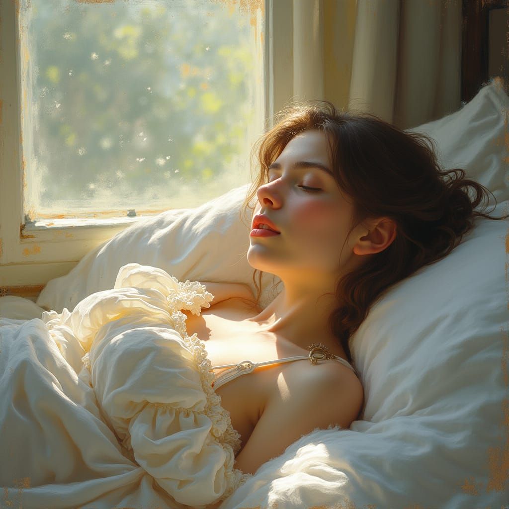 Serene Bedroom Scene: Young Woman Resting in Morning Light