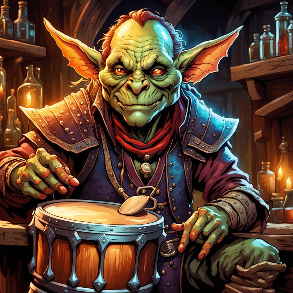 Goblin Bard Drummer in Opulent Tavern