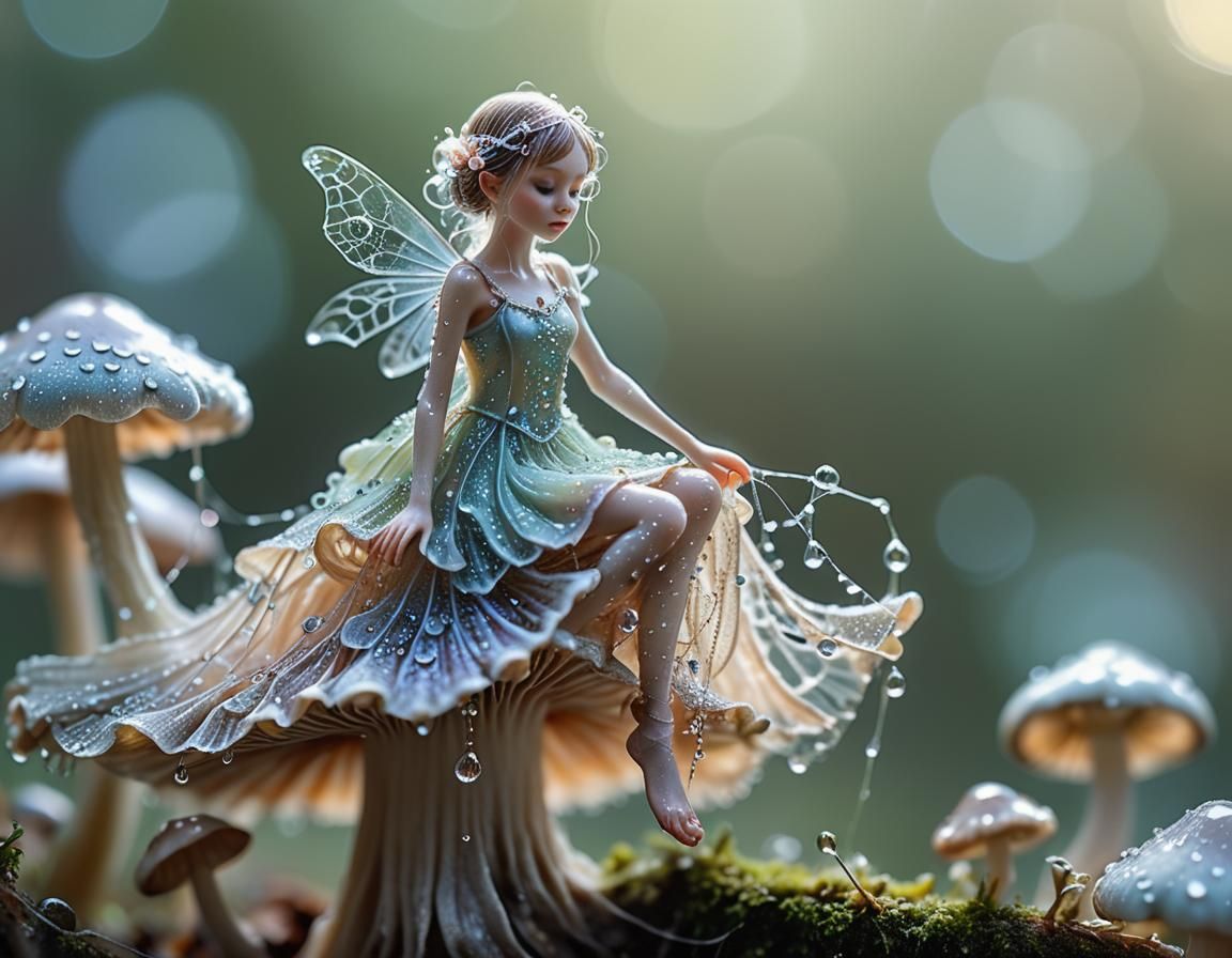 Macro Fairy on Mushroom in Morning Dew