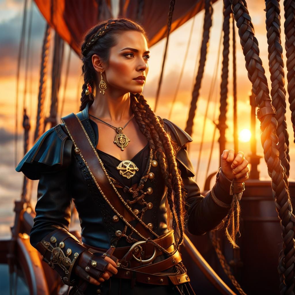 Pirate Woman Portrait with Braided Hair at Sunset