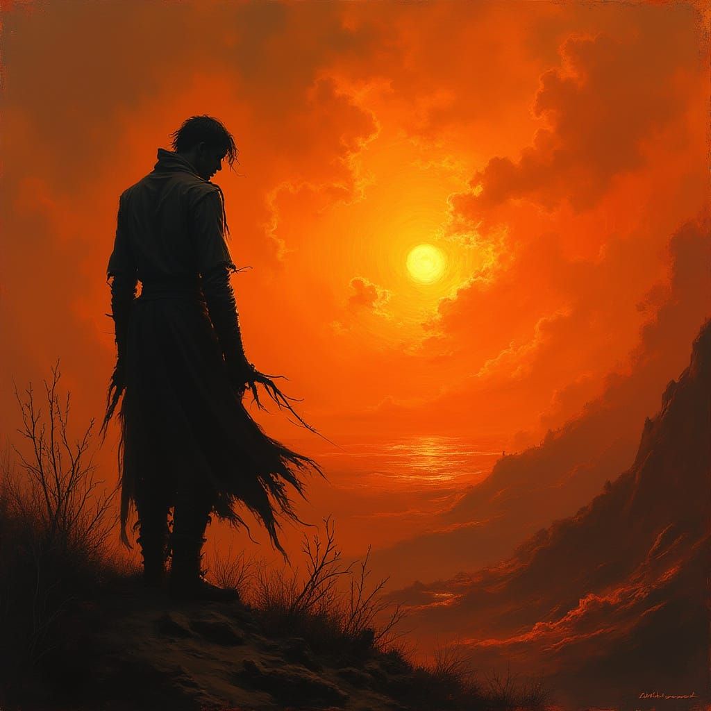 Dark Fantasy Figure Contemplates Apocalyptic Landscape in Fi...