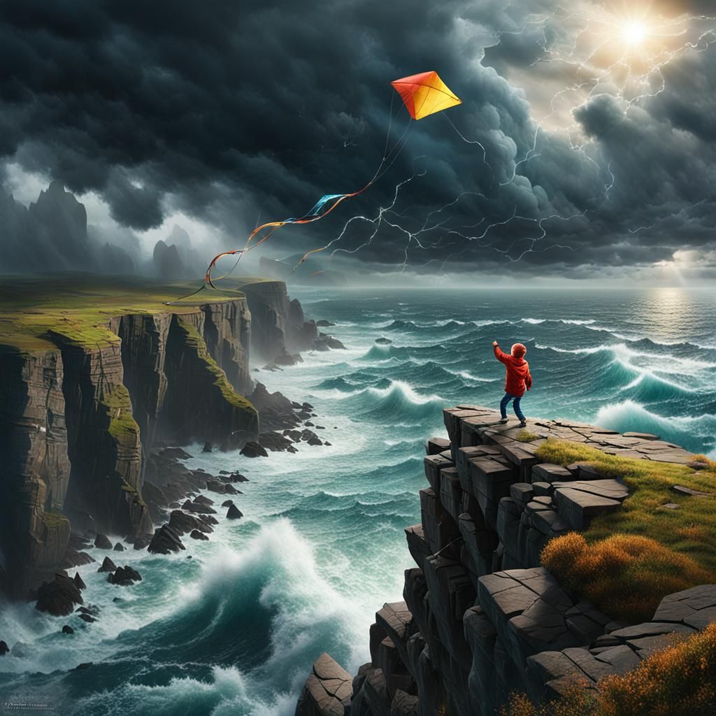 Child Flying Kite on Cliff Under Stormy Sky