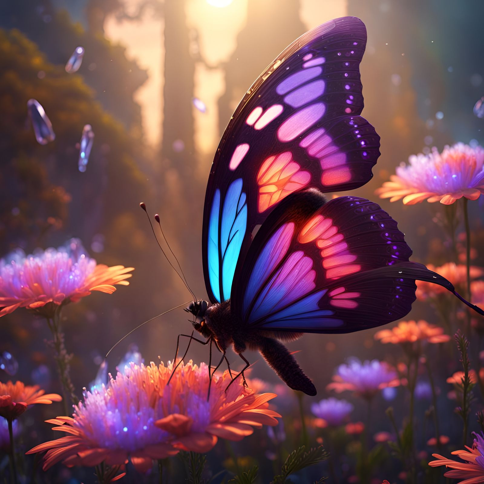 Giant Crystal Butterfly Landing on Flower in Fantasy Art