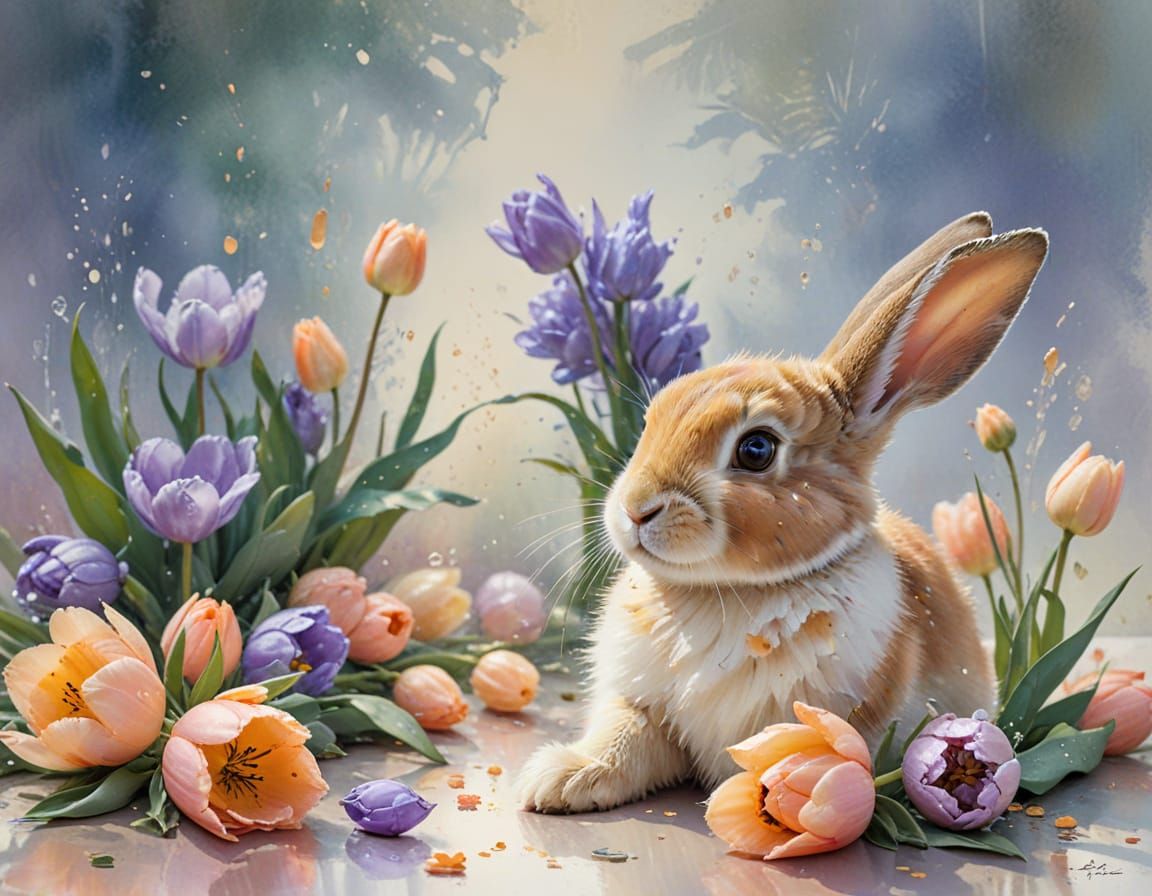 Pastel Rabbit Peeking From Tulips: Watercolour Painting