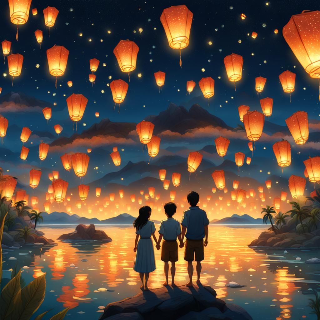 Polynesian Lantern Festival: Watercolor Painting by Miyazaki