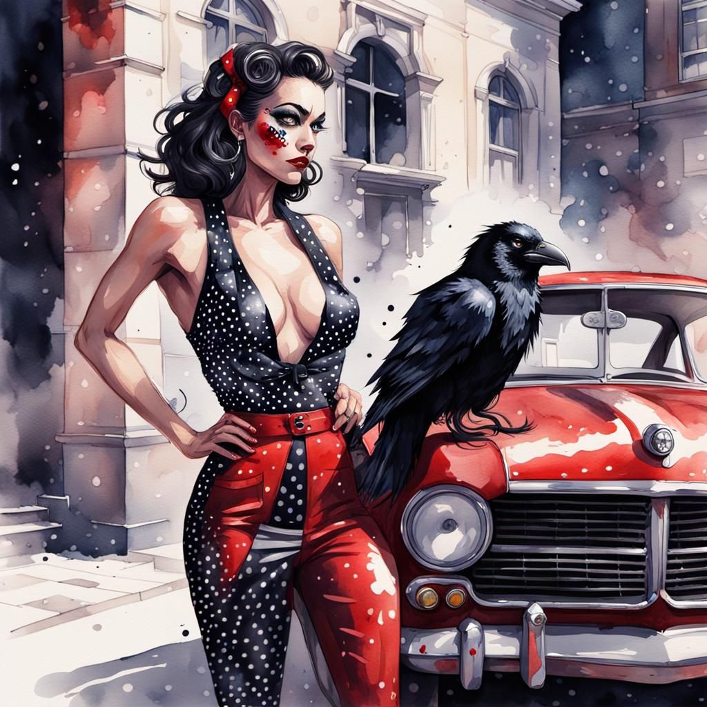 Raven Furry Pin-Up in Watercolor Glitch Art