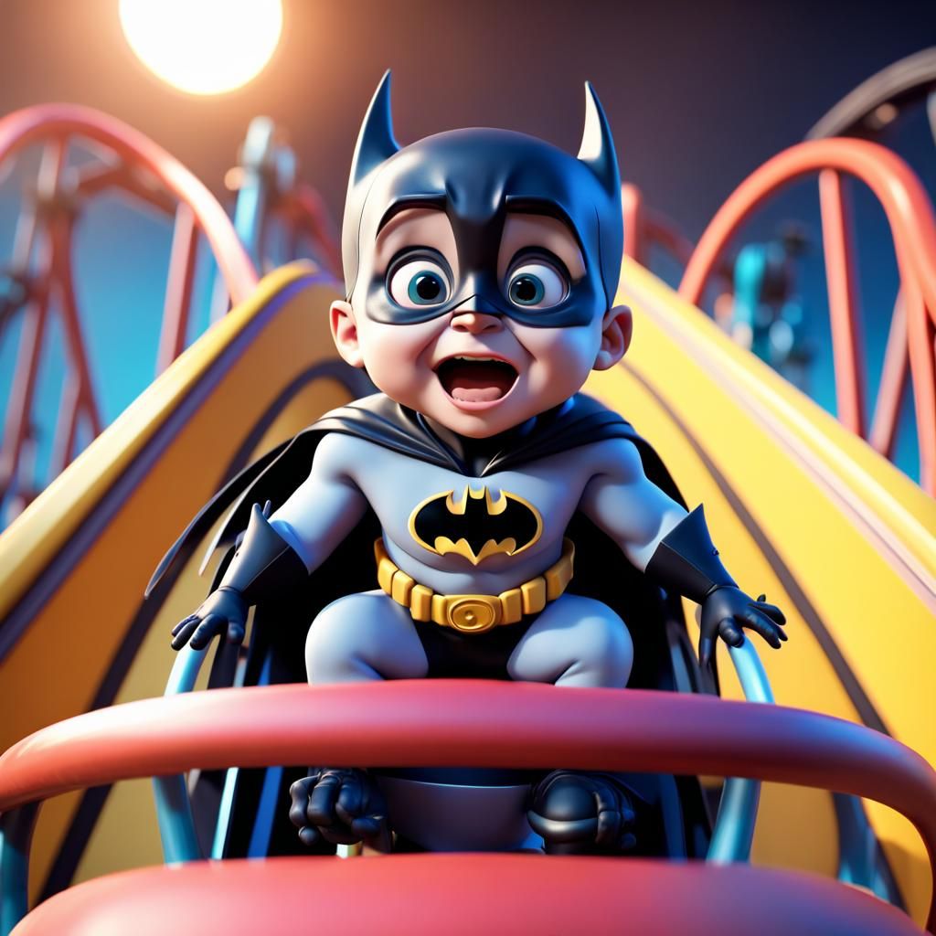 Scared Baby Batman on Roller Coaster in 3D Style