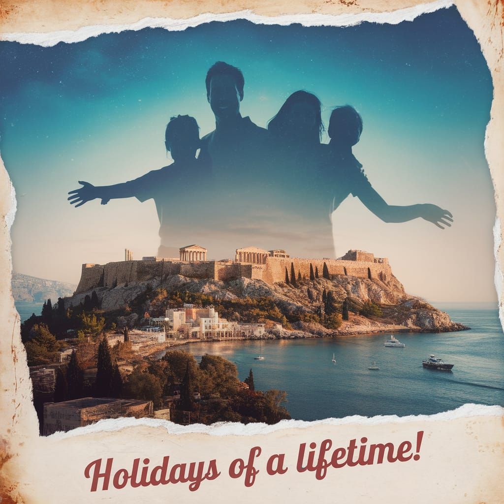 Family Silhouette Over Greek Acropolis on Vintage Paper