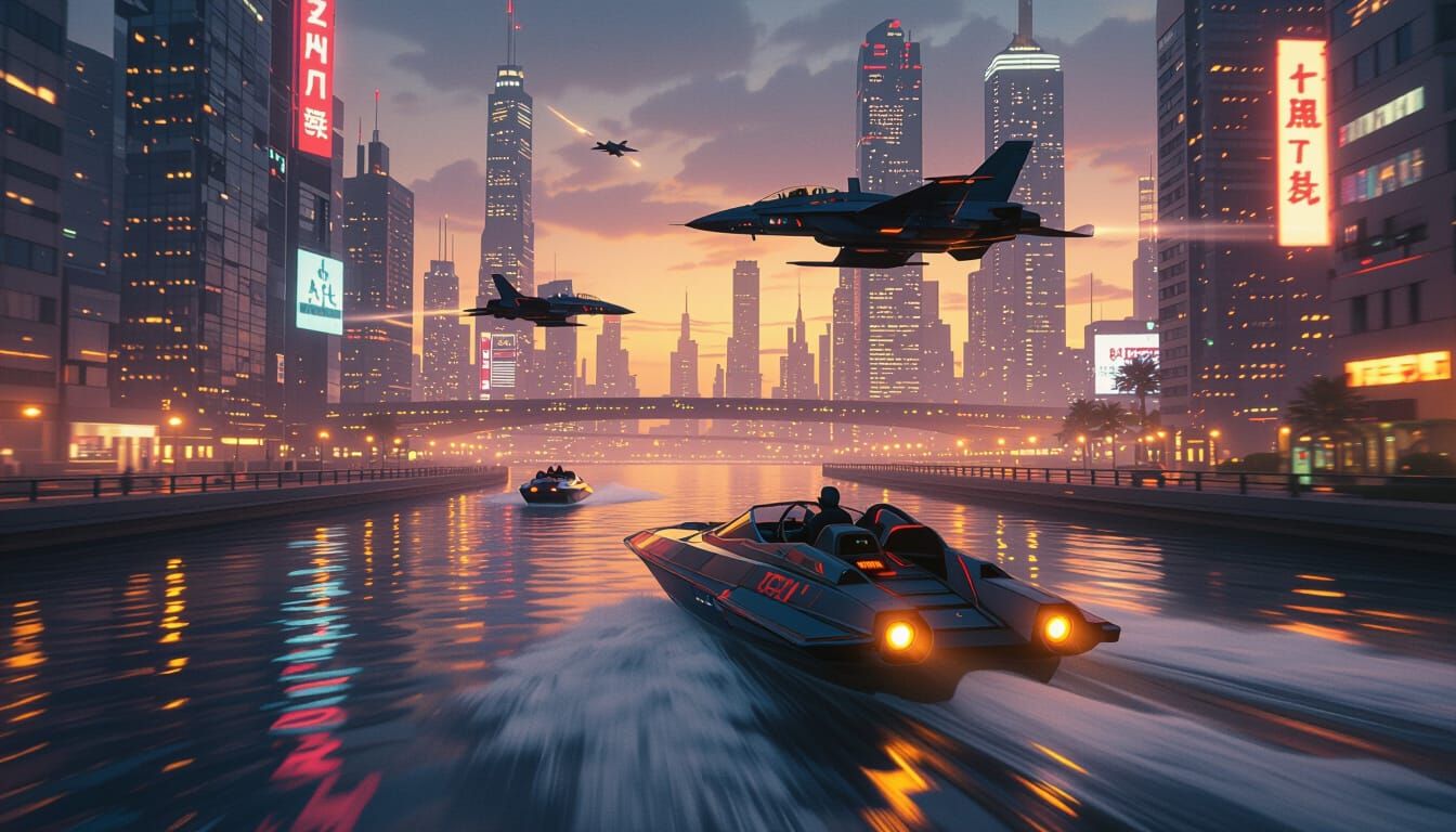 Cyberpunk Speedboat in Futuristic City at Night