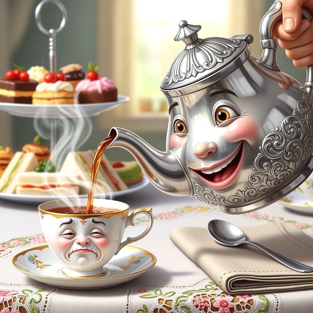 Whimsical Digital Painting of Smiling Teapot and Wincing Tea...