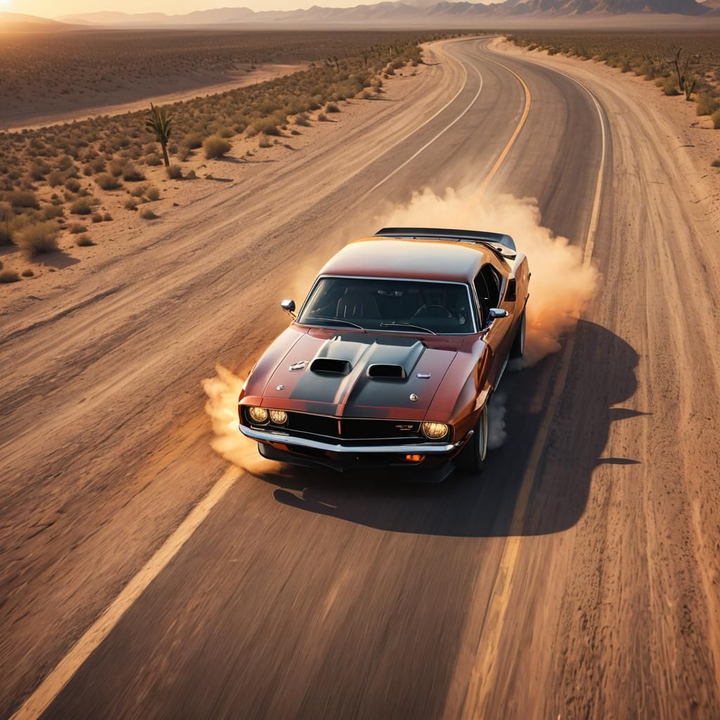 American Muscle Car Speeds Down Desert Highway