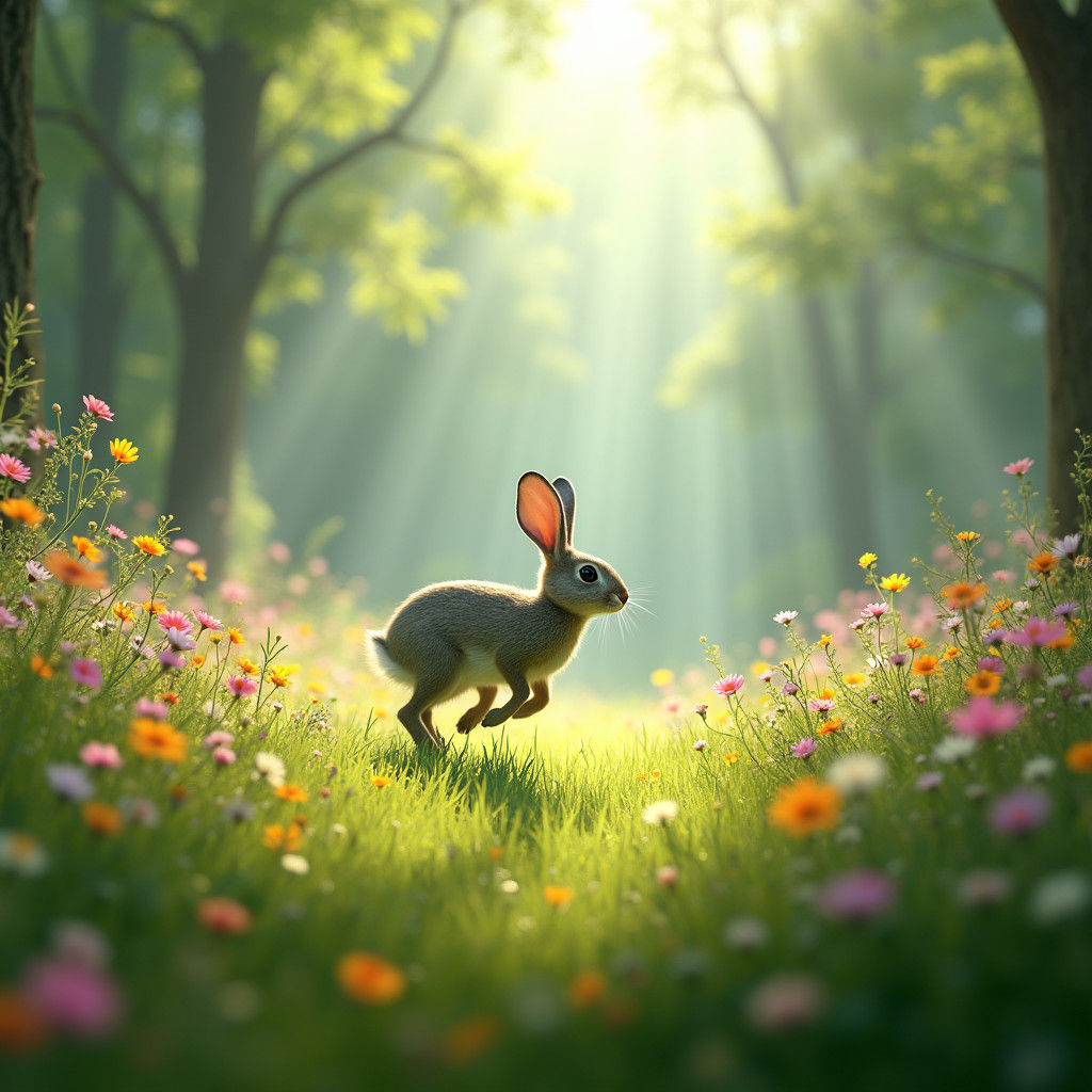 Hare Leaping Through Luminous Forest Glade