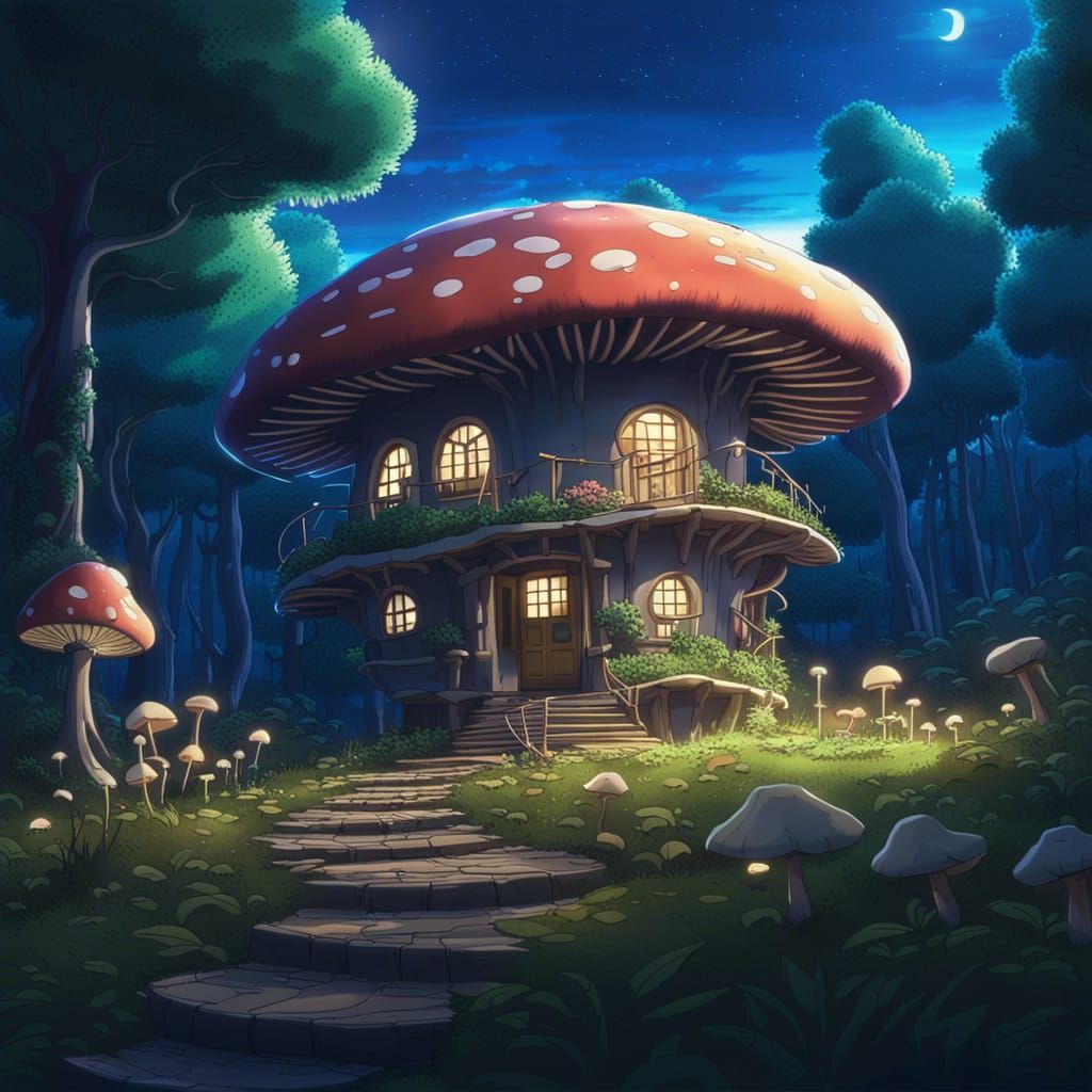 Magical Mushroom House in Enchanted Forest, Anime Style