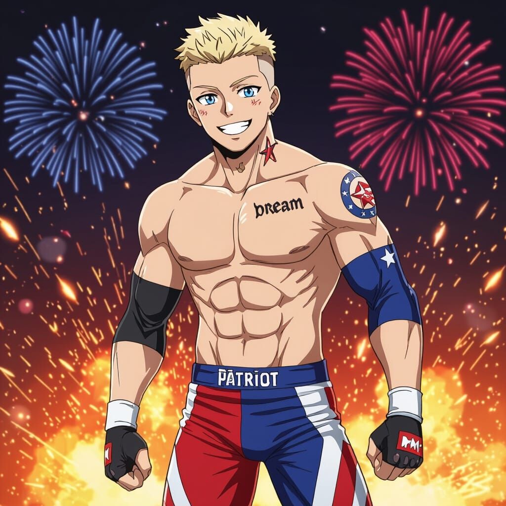 Anime Wrestler With Patriot Tights and Fireworks