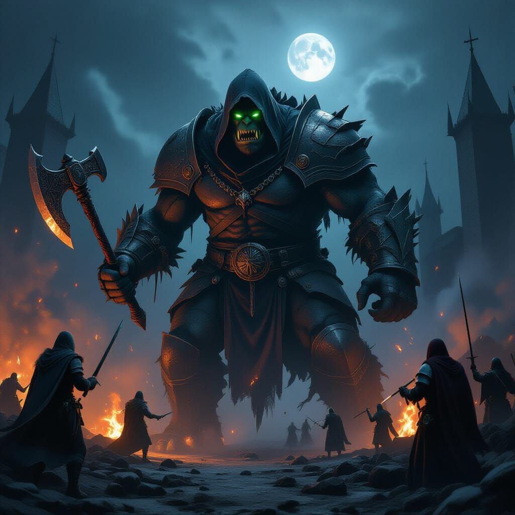 Ogre Brutally Slaying Knights in Dark Post-Apocalyptic Scene