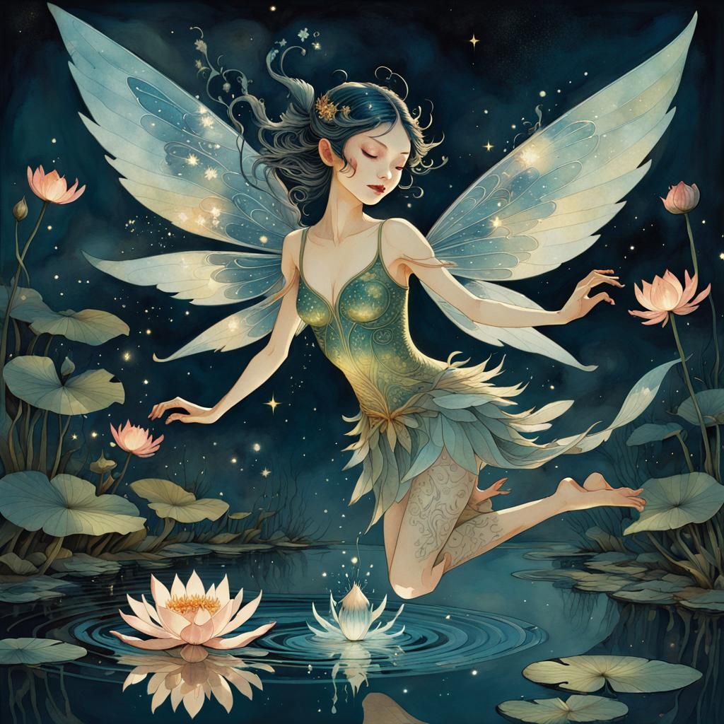 Watercolor Fairy in Flight with Lotus Flower