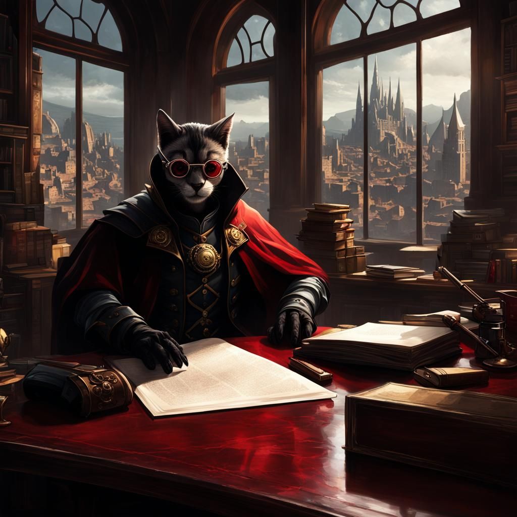 Tabaxi Boss in Steampunk Office, Dark Fantasy Art